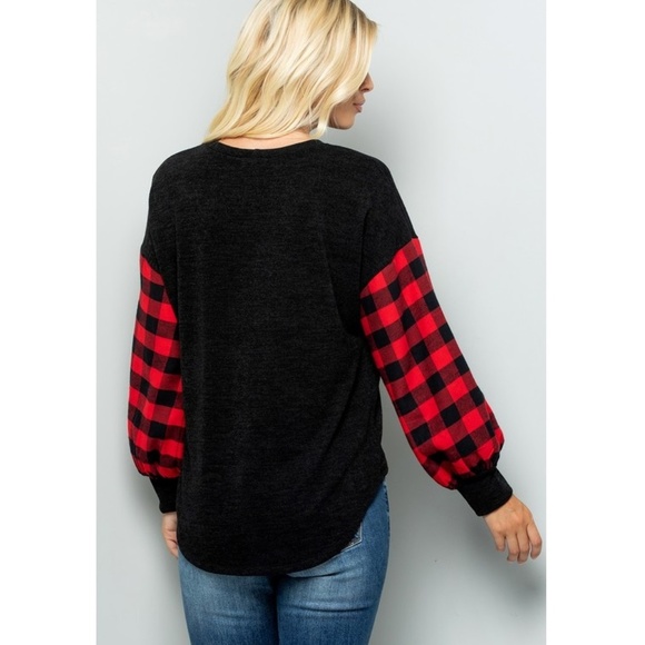 NWT Red Plaid Balloon Sleeve Tie Front Top - Picture 4 of 4